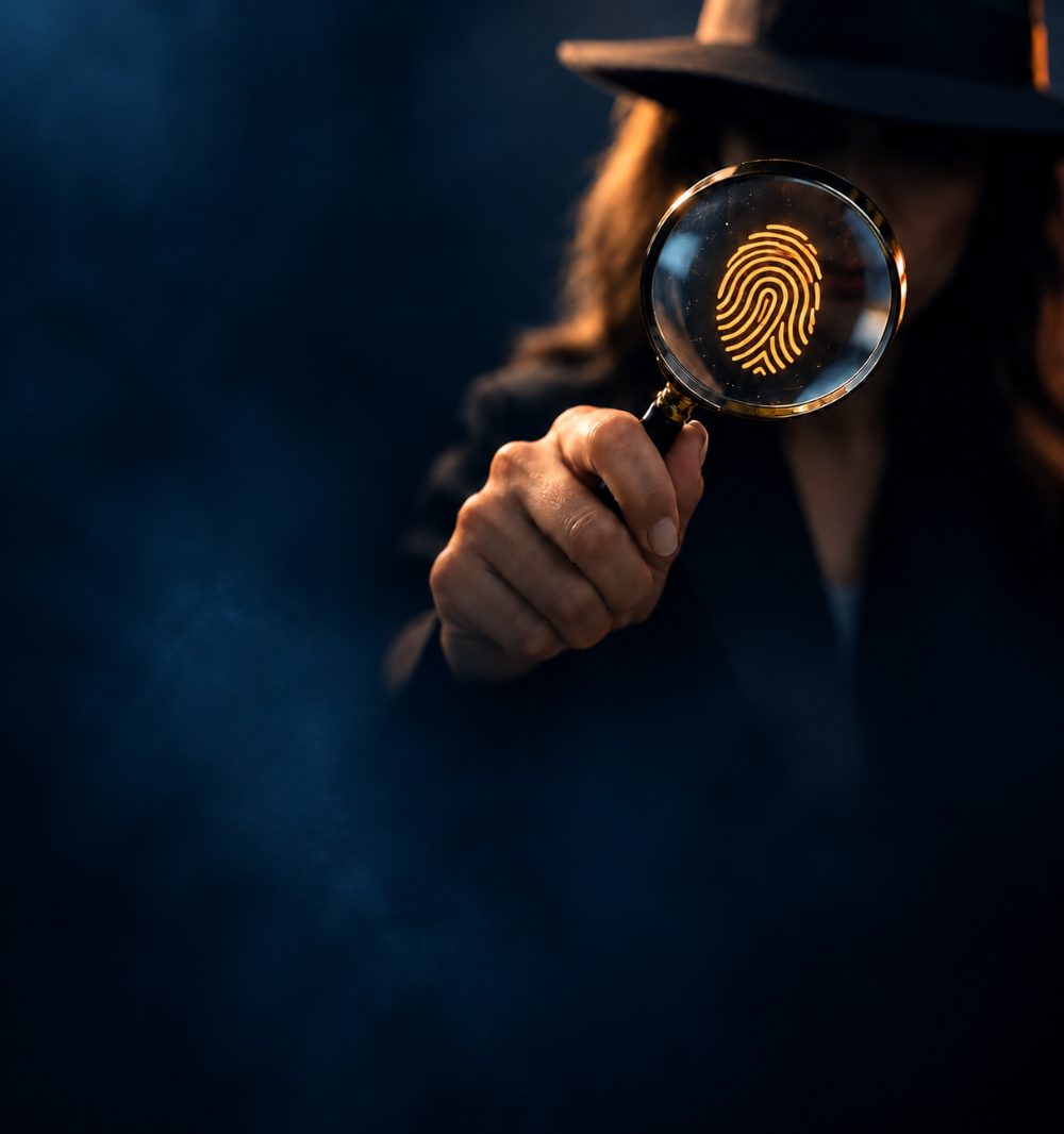 Detective con lupa sobre una huella dactilar